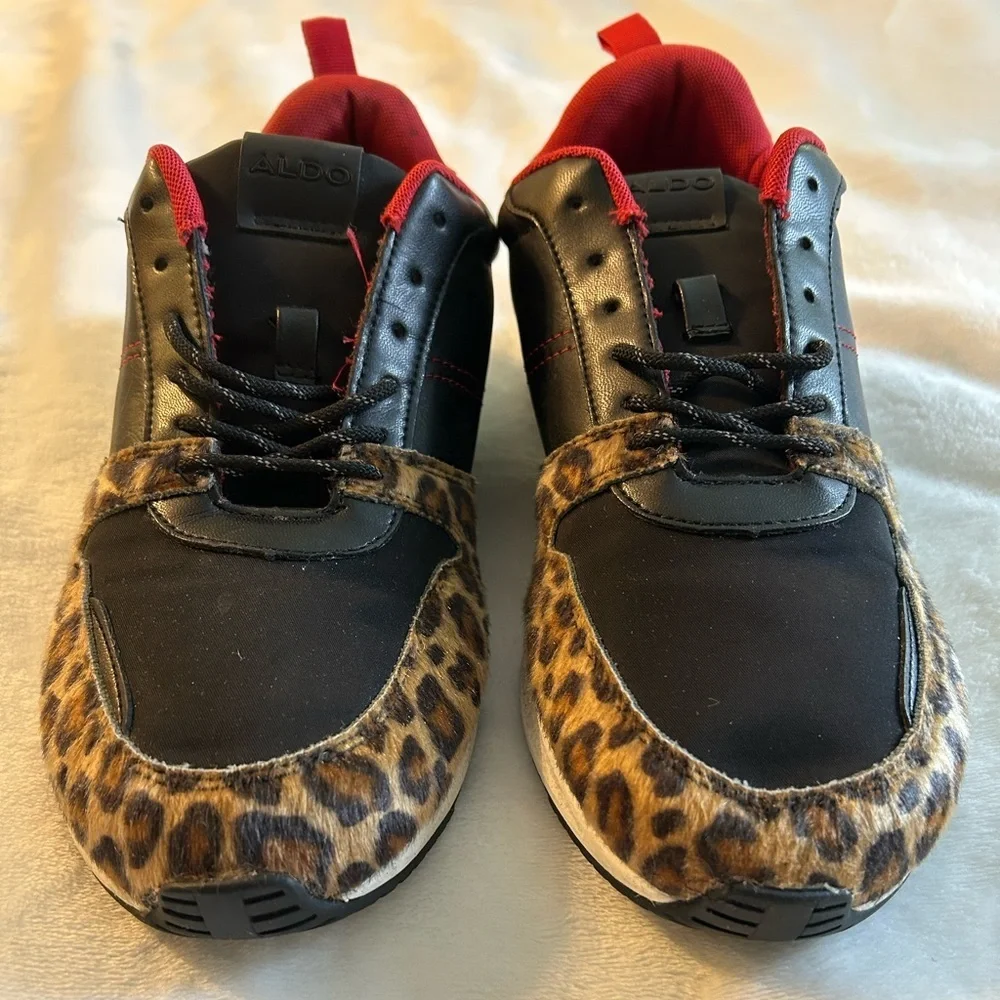 Aldo black and brown cheetah print lace up sneakers size 10 red accents